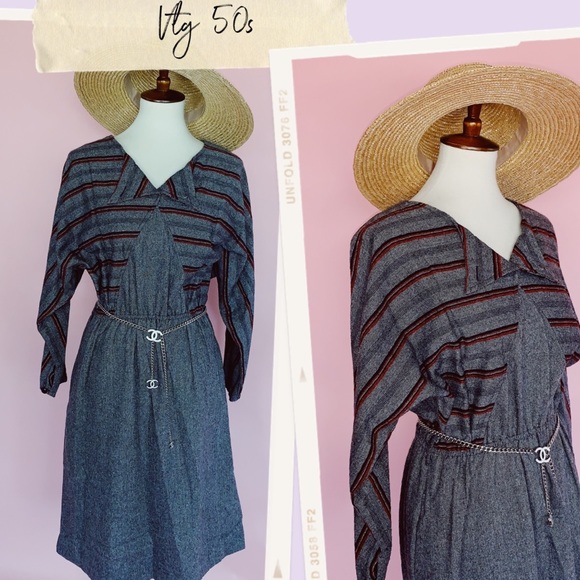 Vintage Dresses & Skirts - Vtg 50s Striped A-line Midi Millicent Dress S M